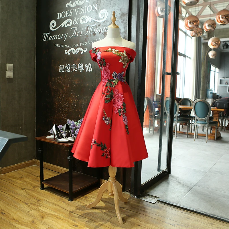 SOCCI красное коктейльное платье, новинка, вырез-лодочка, длина до середины икры, формальные свадебные вечерние платья для невесты, женское элегантное банкетное платье с аппликацией, платье с цветочным рисунком - Цвет: Красный