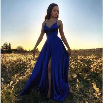 

Robe De Soiree Royal Blue Long Evening Dress Dark Green Satin Evening Gowns Sexy Backless Slit Formal Dress Party