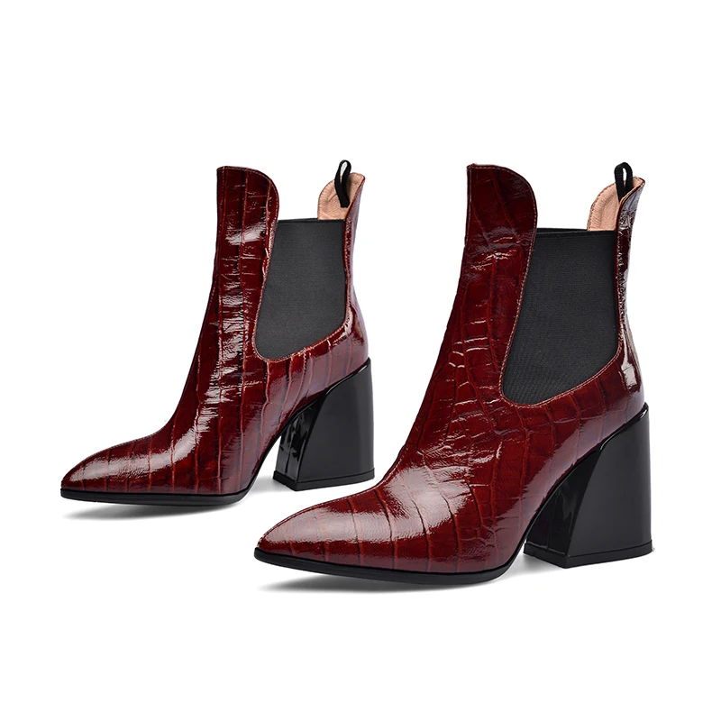 WETKISS/ботинки из тисненой коровьей кожи; женские ботильоны «Челси»; женская обувь для вечеринок на высоком каблуке; женские эластичные ботинки с острым носком