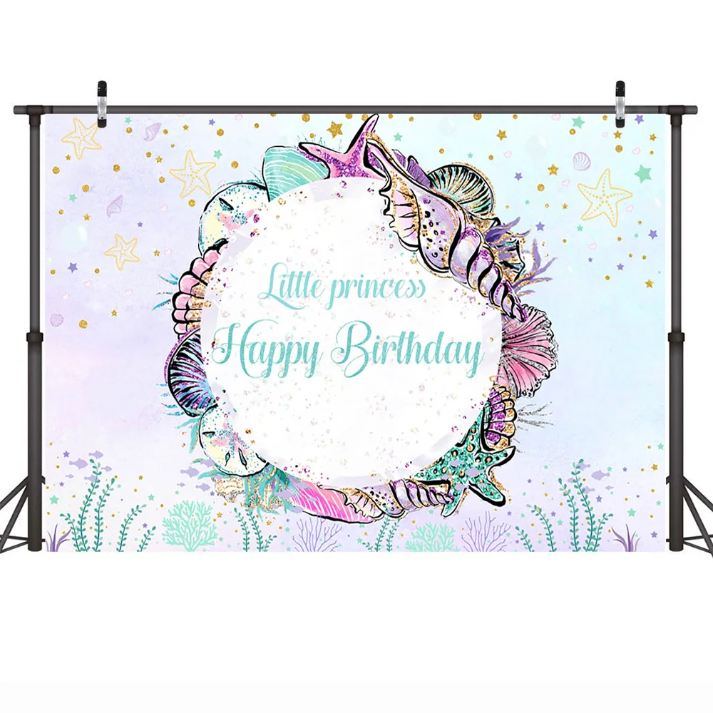Mehofoto Happy Birthday Backdrop for Little Princess Photography Mermaid Backdrop Underwater Marine Life Starfish Water Grass