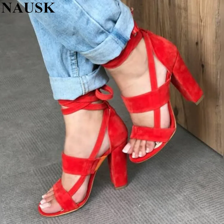 

AGUTZM Summer Shoes Woman 2019 Women's Sandals High Heel Gladiator Cross-tied Lace-Up Casual Ankle Strap Flock Sandal
