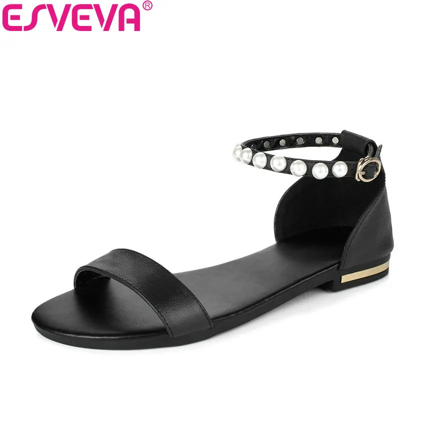 

ESVEVA 2019 Comfortable To Wear Women Sandals Cow Leather Gold PU Sandals Sandals Shoes Low Heel Summer Women Shoes Size 34-43