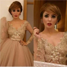 2017 Prom Kleider V-ausschnitt Spitze Appliques Pailletten Sheer Long Sleeve Ballkleid Tüll Champagner Tee-Länge Abendkleider