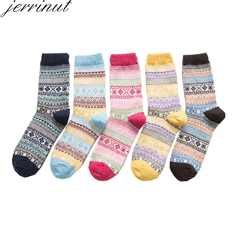 Jerrinut осень зима толстые теплые шерстяные женские носки хлопок милые ромбовидные решетки печати счастливые Модные Повседневные носки 5 пар/Лот