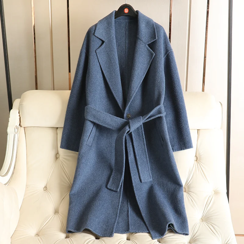 Осенне-зимнее длинное кашемировое пальто Женский Тренч осеннее однотонное пальто тонкий кашемир хорошего качества синяя шерсть C323