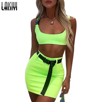 

LAISIYI Women Crop Top Skirt Set Summer Solid Suits Two Piece Set Button Tank Top Pencil Skirts Suit Casual Trcaksuits ASSU20208