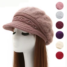 HT2167 осенне-зимние шапки для женщин, шапки из кроличьего меха, толстые теплые женские береты, женская вязаная шапка с флисовой подкладкой, женские шапки Newsboy