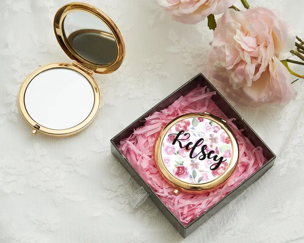 Personalized Gold Alphabet and Name Compact Mirror Initial Floral Monogram Bridesmaid Bachelorette Makeup Pocket Mirror Retirement Gift