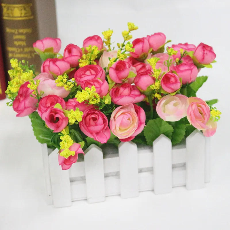  Flone Wedding Decor Artificial Tea Rose Simulation Artificial Flowers Small Potted Plant Fake Rose Set With White Picket Fence (9)