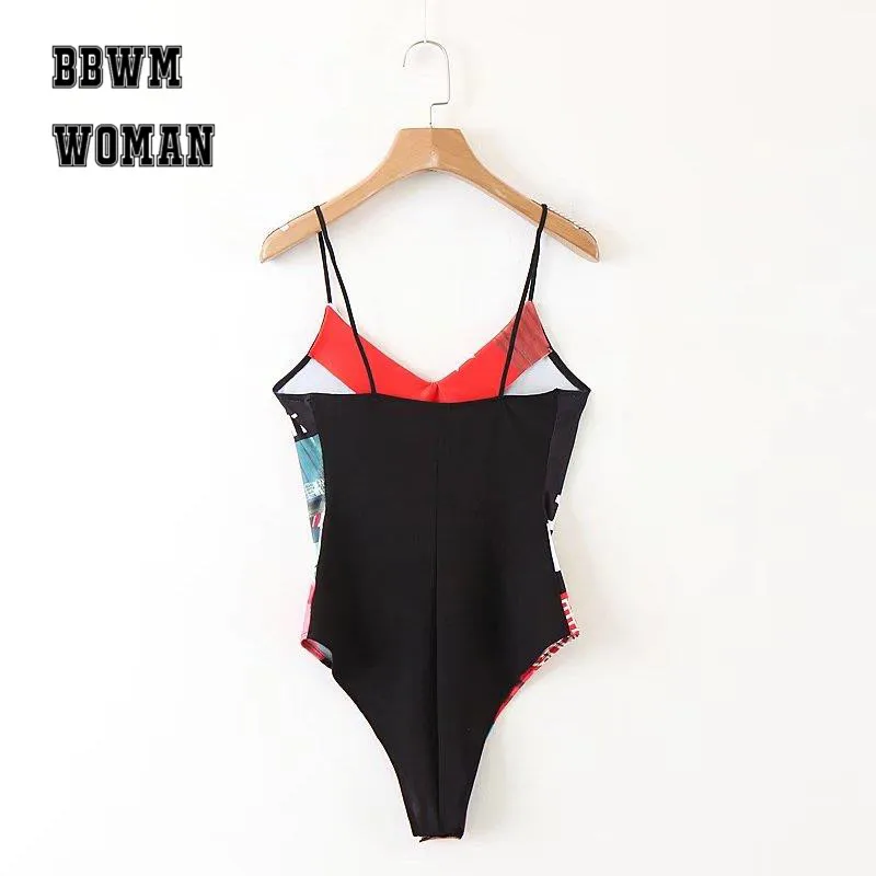 Letter Printed Photo Style Women Siamese Tops Fashion Contrast Color Strap Female Bodysuits 2018 Sexy Rompers Playsuits ZO279