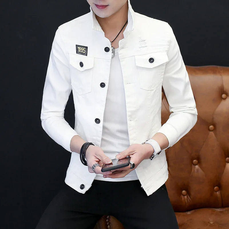 2019 Autumn Solid Jacket Men Denim Regular Cotton Casual Patchwork Pockets White Green Streetwear Jackets Coats