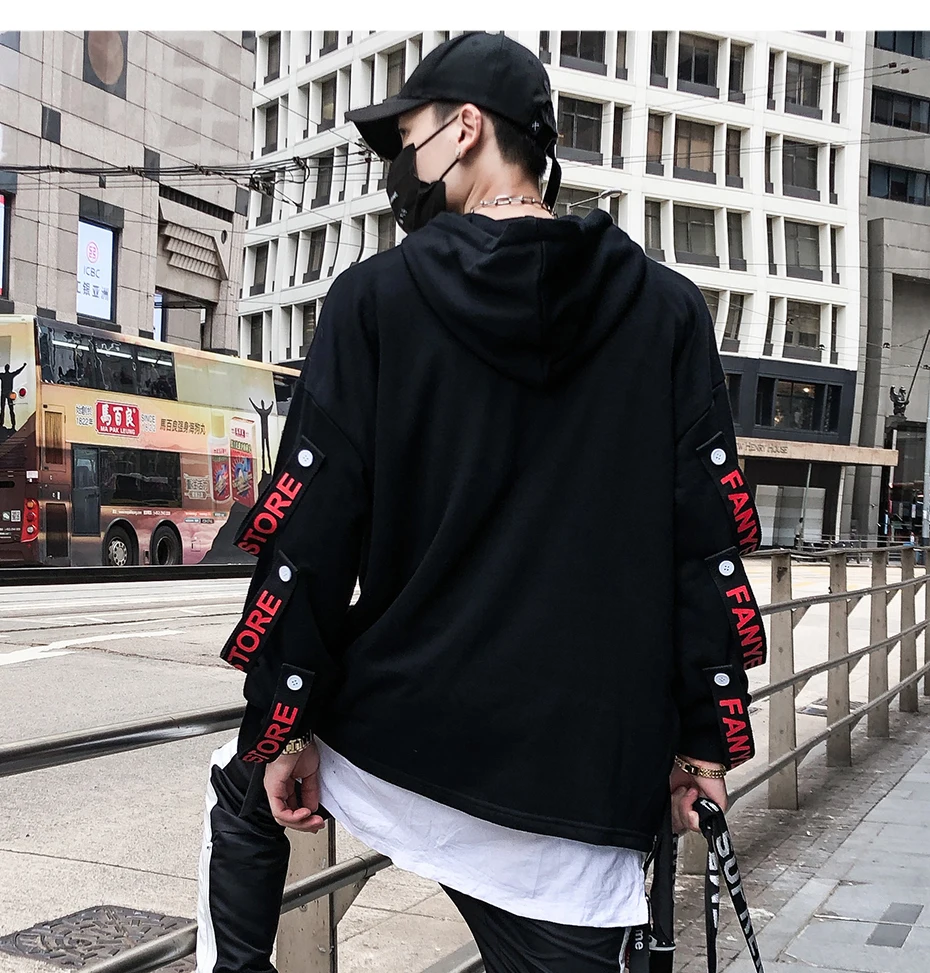 Luogen Harajuku толстовки кофты мужские боковые ленты рваные подол Модный пуловер Толстовка уличная Толстовка готическая одежда