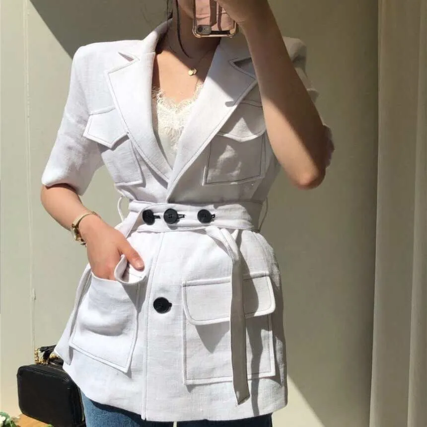 

WHITNEY WANG 2019 Summer Fashion Streetwear Notched Buttons Sashes Blazer Women Korean Style Short Blazers