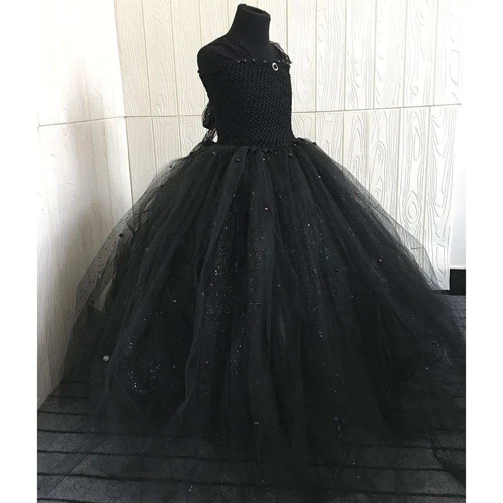 Darkness Black Fluffy Kids Dress Halloween Princess Girl Birthday Evening Carnival Party Tulle Tutu Dress with Pearls for Photo (2)