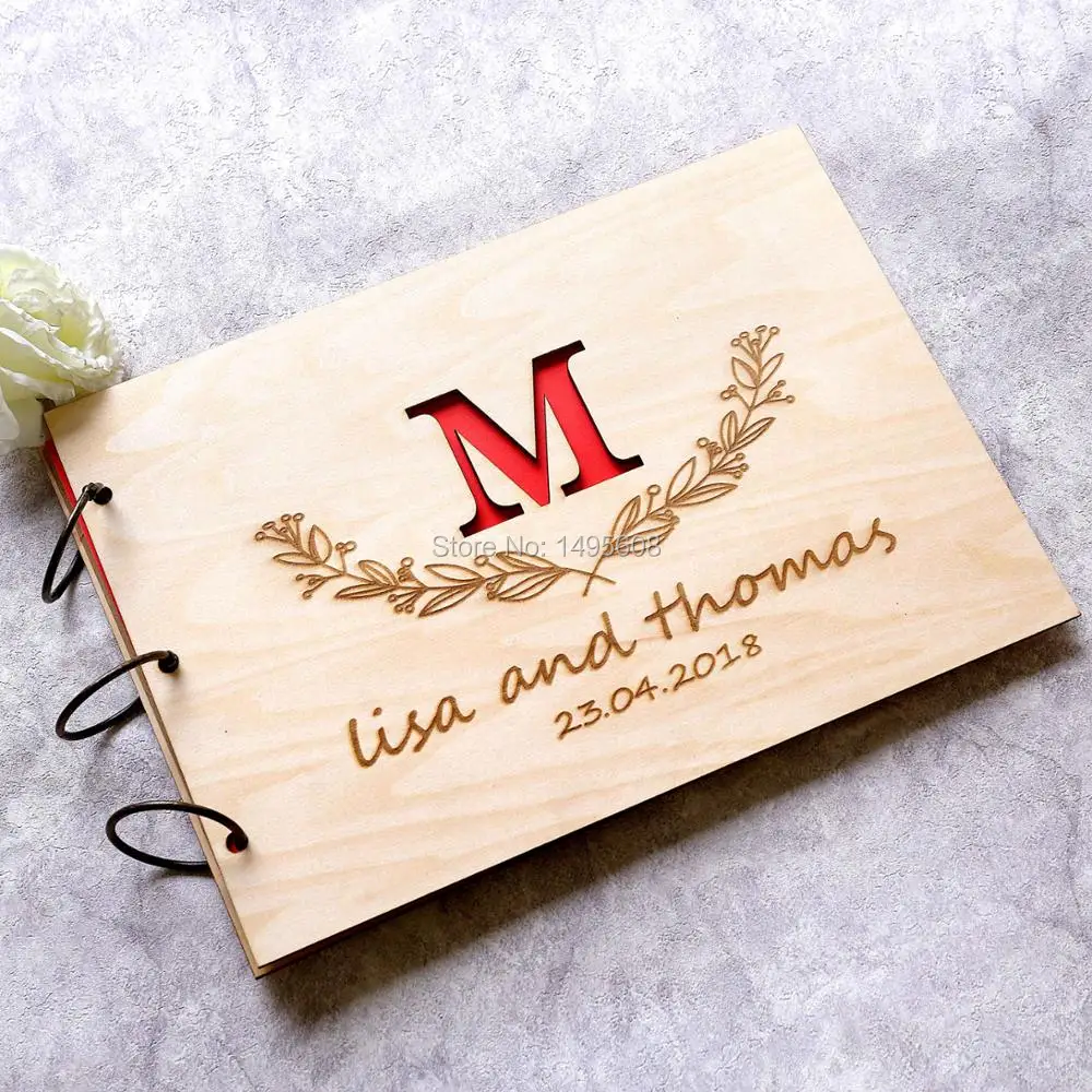 wood wedding guest book, horizontal landscape guestbook wedding album sign in book hardcover guestbook pl