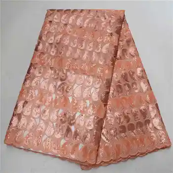 

Big cutout holes Soft African handcut organza lace fabric African voile lace with Allover sequins high quality peach PSA726-5