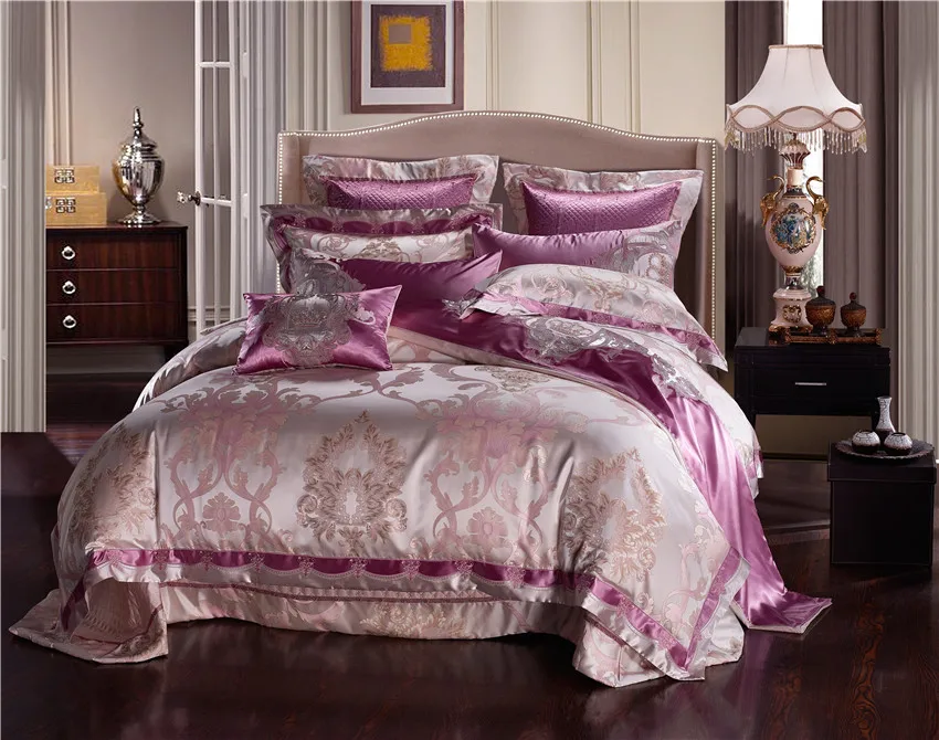 Pink Silver Cotton Satin Luxury Bedding set Queen King size Bed set