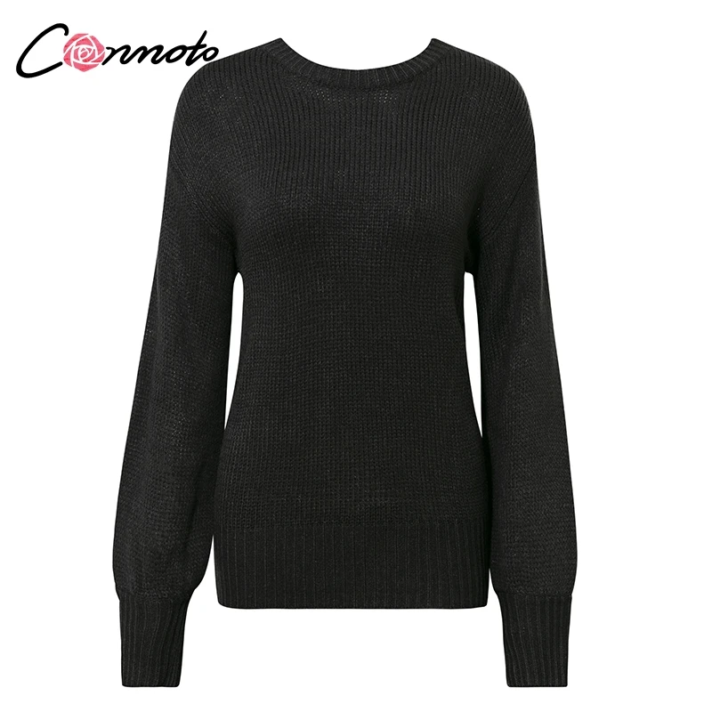 Conmoto, осенне-зимний свитер с открытой спиной и бантом, женские свободные пуловеры, вязаные свитера, Розовый Повседневный сексуальный трикотаж, джемперы размера плюс - Цвет: Черный