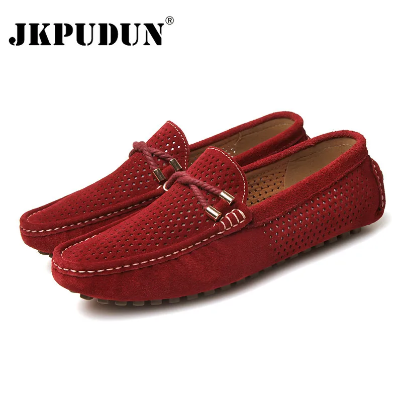 JKPUDUN/Летняя мужская обувь; повседневные Роскошные Брендовые мужские лоферы; коллекция года; Замшевые Кожаные слипоны; итальянская обувь для вождения; Мужская обувь; Chaussures - Цвет: red shoes