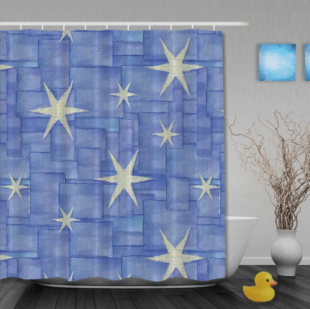 Brighten Star Blue Pattern Shower Curtains High Quality Waterproof