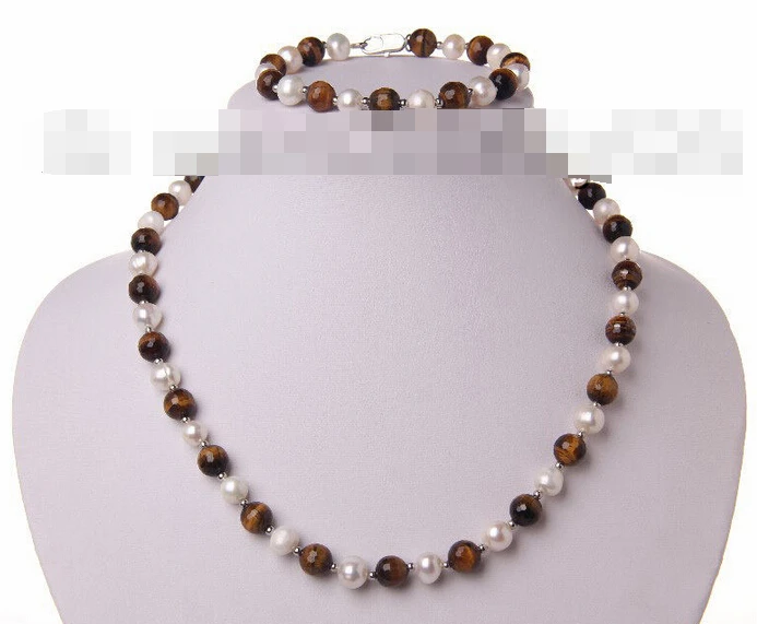 

free shipping 07700 stunning white round freshwater pearl Tiger Eye necklace bracelet set (A0423)