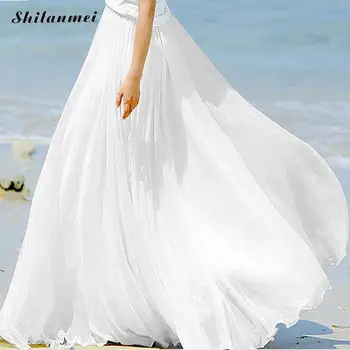 

Fashion White Color One Piece Chiffon Loose Skirts Women High Waist Pleated Solid Color Maxi Skirt Summer Beach Party Skirts