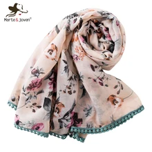 Marte& Joven Элегантный цветочный принт кружевная бахрома розовый шарф для женщин Мода весна осень длинные шали обертывания дамы красивый хиджаб