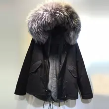 Черные женские зимние куртки с большим мехом енота с капюшоном из искусственного меха