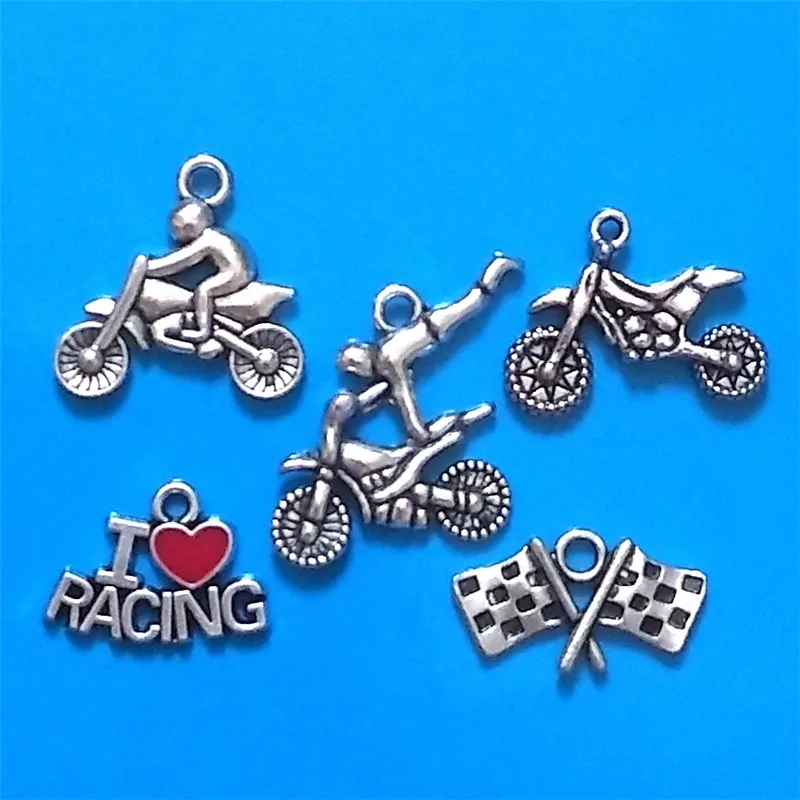 

MIXED 30pcs Antique Silver Plated Motocross Charm Collection Motorcycle Racing Checkered Flag Pendant DIY Handmade Jewelry
