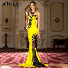 Sarı Spandex uzun aplikler akşam elbise sevgiliye Illusion geri Dubai arapça suudi arabistan balo elbise Custom Made artı