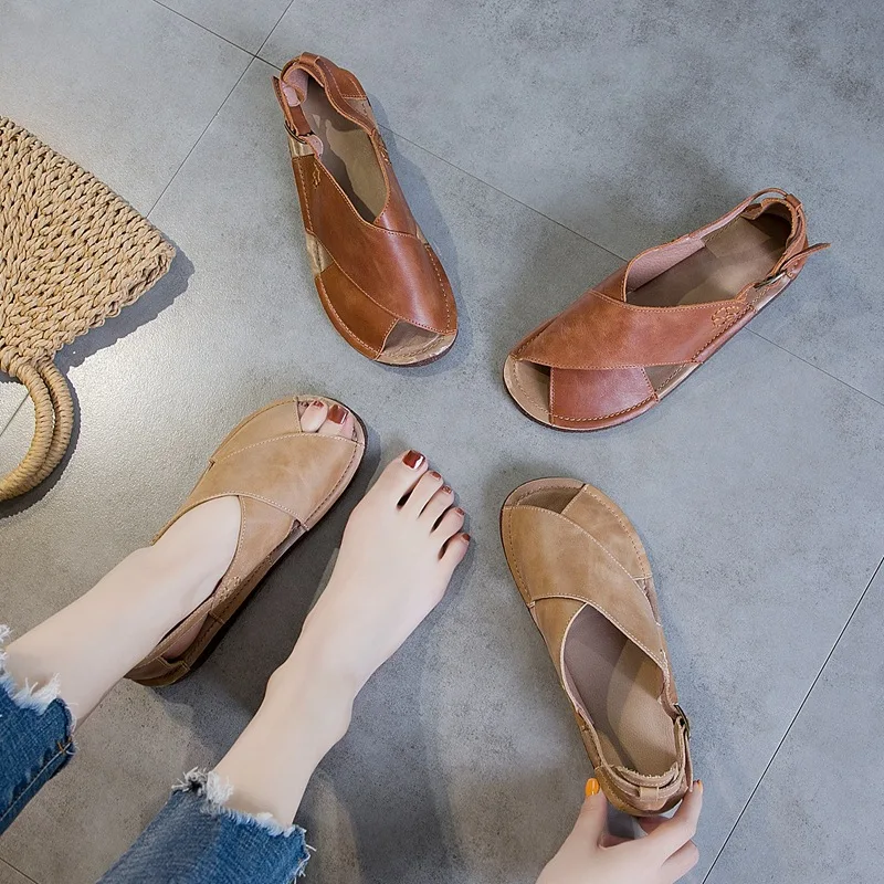 

Artdiya genuine leather women shoes 2019 summer retro simple leather flat cross with buckle open toe Roman beach women's sandals