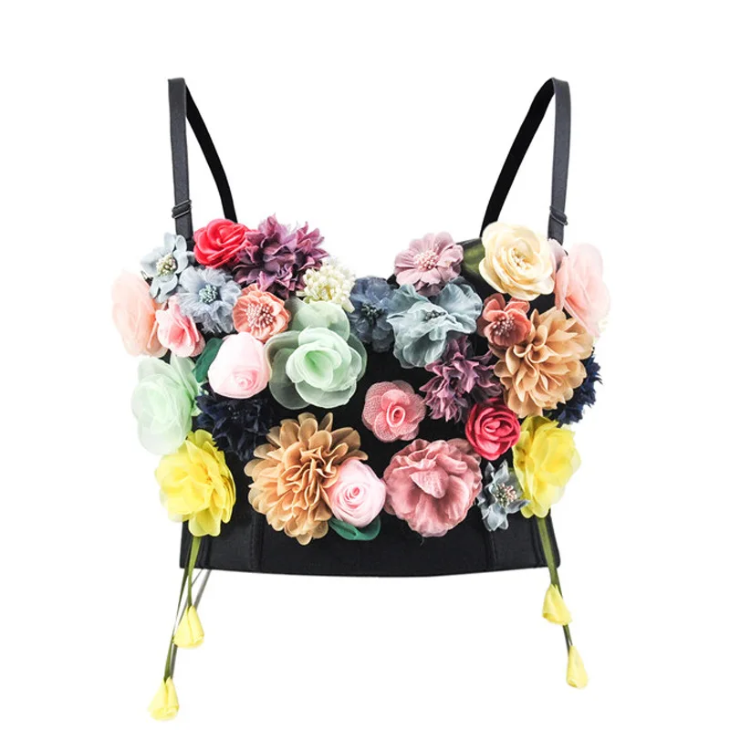 

Luxury Cute Crop Top Women Colorful Three-Dimensional Flower Decoration Tube Strap Sexy Backless Spaghetti Strap Top Summer