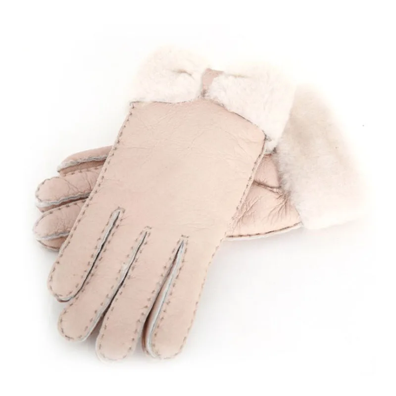 Русская зима высокое качество натуральный овечий мех женские перчатки зимние теплые перчатки женские перчатки из натуральной кожи митенки перчатки - Цвет: Beige