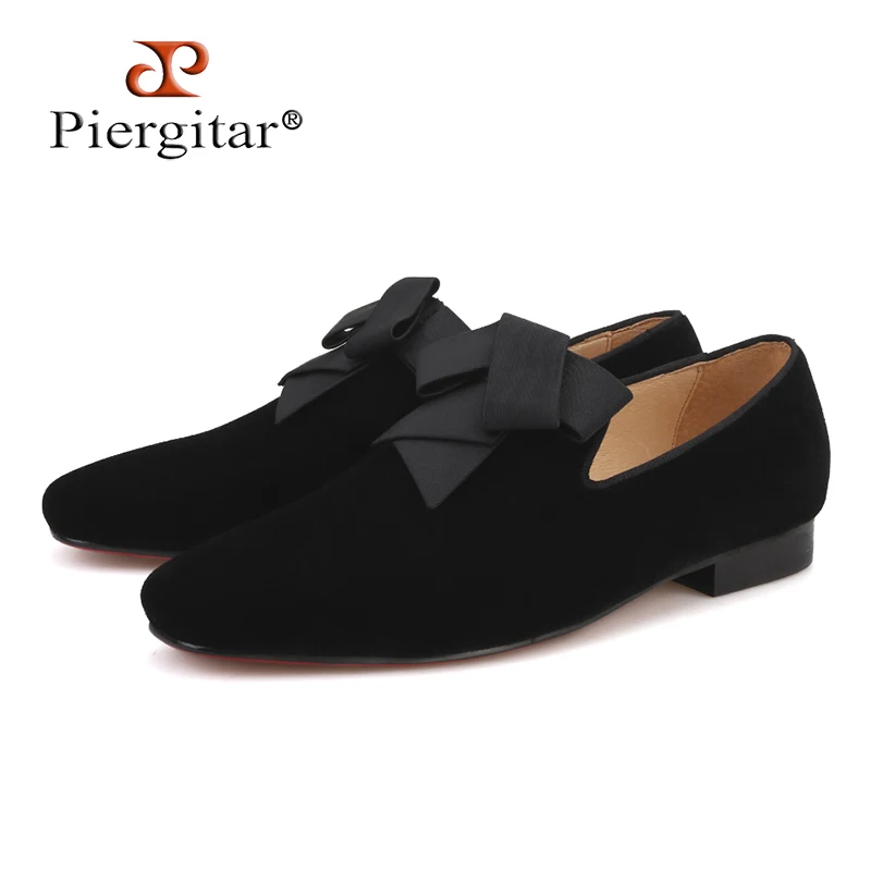 PIERGITAR Handmade men velvet shoes fashionable bowtie men's loafers party and wedding men dress shoes smoking slippers