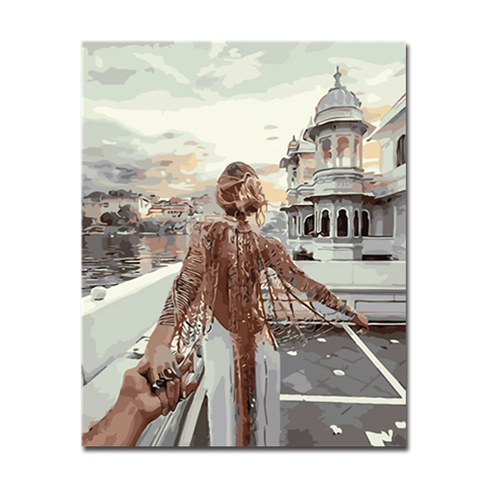 

DIY Painting Framed By Numbers Kits Coloring Woman Building Scenery For Unique Gift Photo Modular Wall Oil Modular Art Pictures