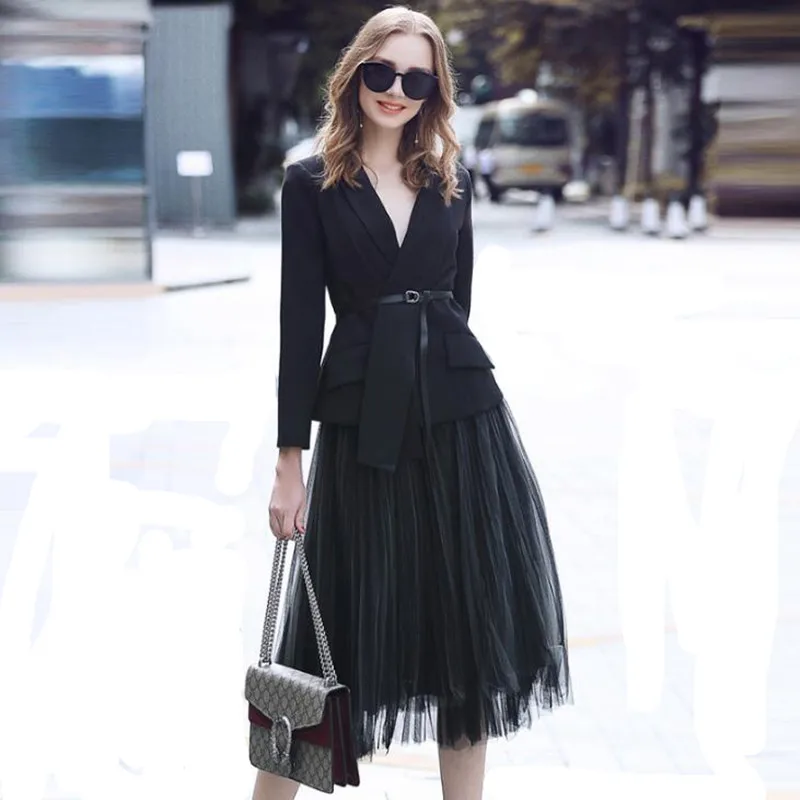 

Stylish Office Lady Sets Skirt Suits Notched Collar V Neck Belted Blazer Suit Jacket Tulle Tutu Skirt 2 Piece Set Women Clothes