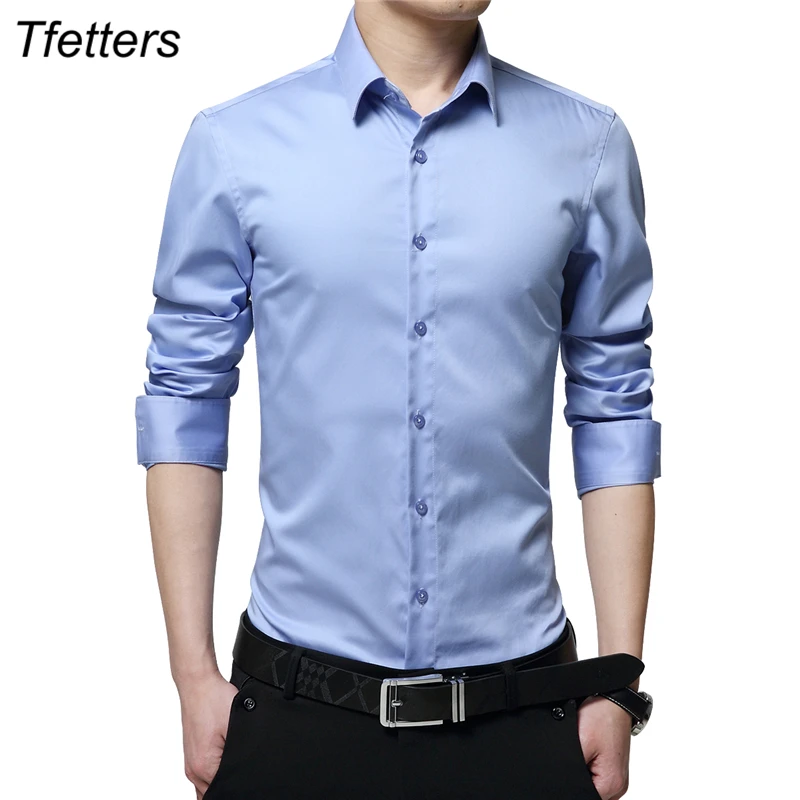 TFETTERS, Брендовые мужские рубашки, мерсеризованный хлопок, сплошной цвет, облегающая шелковая рубашка с длинным рукавом, гладкие мужские рубашки, большие размеры S-5XL