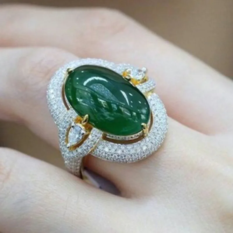 Роскошное кольцо с зеленым камнем, серебряное Золотое кольцо, проложить Белые Кристальные кольца для женщин, девушек, юбилей, праздничные ювелирные изделия