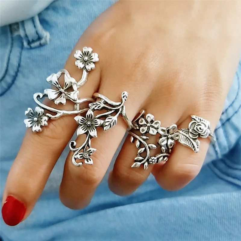 

Vintage Knuckle Rings for Women Girl Rose Flower Rings Set Bohemia Antique Silver Color Leaf Midi Finger Rings Set Punk Jewelry
