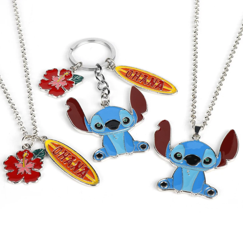 

Anime Cartoon Cute Ohana Lilo Stitch Keychain Kawaii Enamel Metal Alloy Pendant Necklace Chaveiro Car Keyring Figures Key Chain