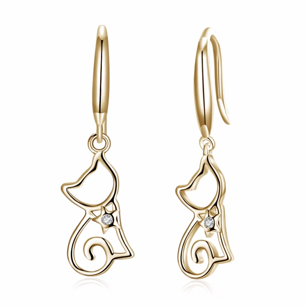 

Trendy S925 Silver Earrings Woman Cartoon Cat Earrings Dangle Gold Earring With Crystal New Symbol Animal Design 2019