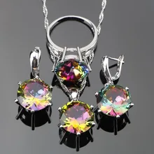 3 шт., Женские Ювелирные наборы с волшебными радужными камнями, серебро 925, ювелирные изделия для женщин, свадебные ювелирные изделия с кулоном/ожерельем/кольцом/серьгами