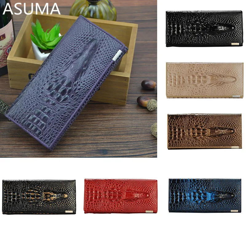 

12 Colors Genuine Leather 3D Embossing Alligator Ladies Crocodile Long Clutch Wallets Women Wallet Female Coin Purses Holders