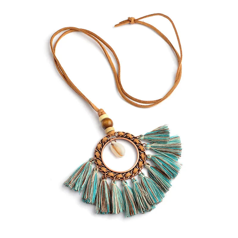 Round Tassel Pendant Necklace Bohemian Mix Color Wool tassels Long chain Necklace for Women