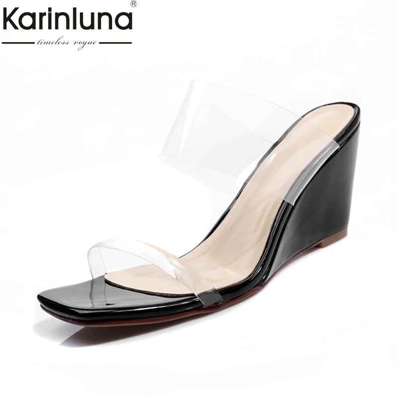

KarinLuna women's Top Quality Summer PVC Sheepskin Mules Pumps Wedge High Heels Shoes Woman Sexy Party Snadals Lady Footwear