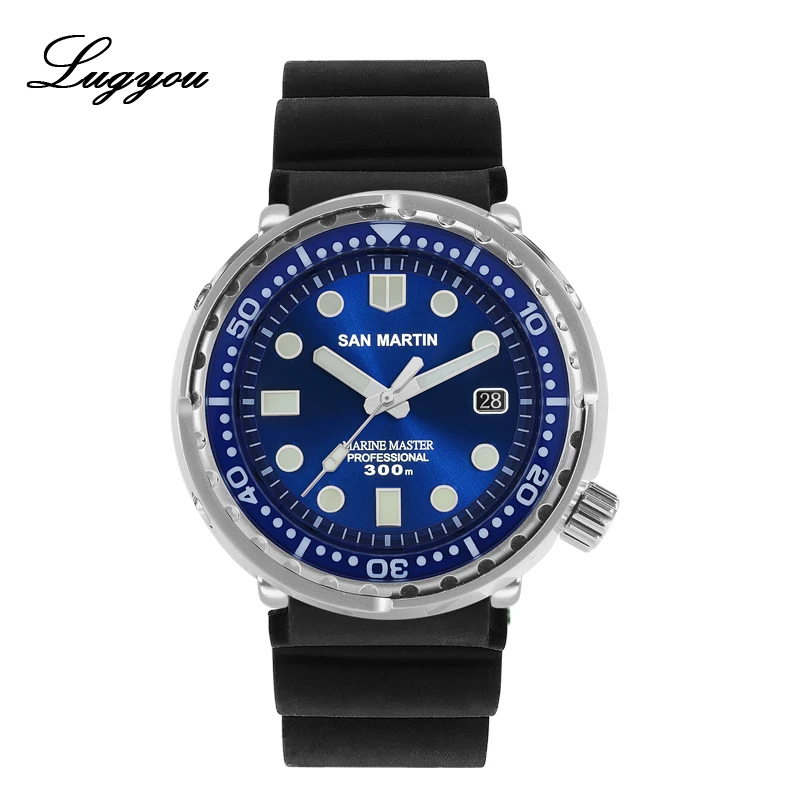

LUGYOU San Martin TUNA Automatic Men's Diving Watch Stainless Steel 30Bar Waterproof Rubber Strap Blue Glow Sapphire Date