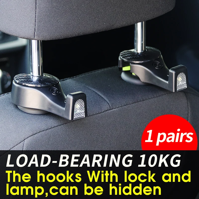 

2PCS Multiple use car hidden headrest hook Seat back hanger with emergency LED light easy install without removal auto clips