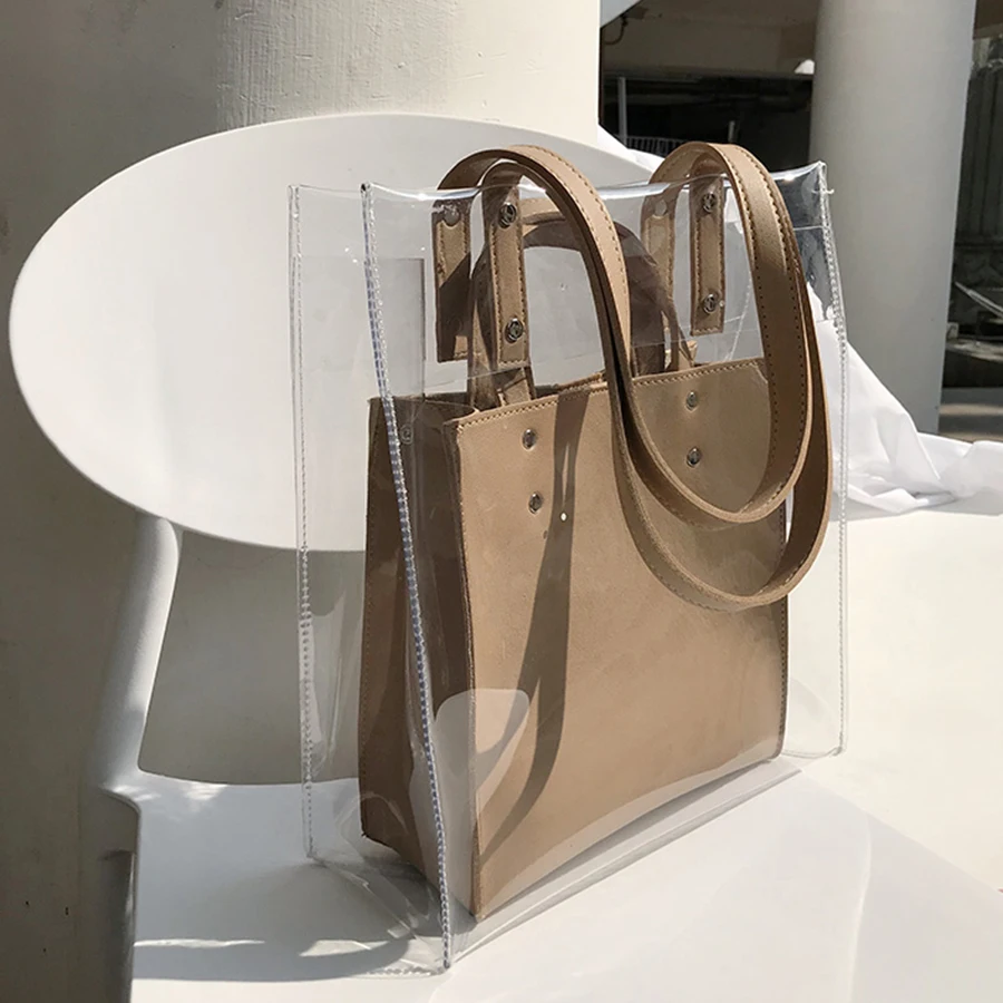 

Transparent Pvc Large Capacity Composite Women's Handbags Clear Jelly Waterproof Beach Bags Lady Solid Color Clutch Bag Tote
