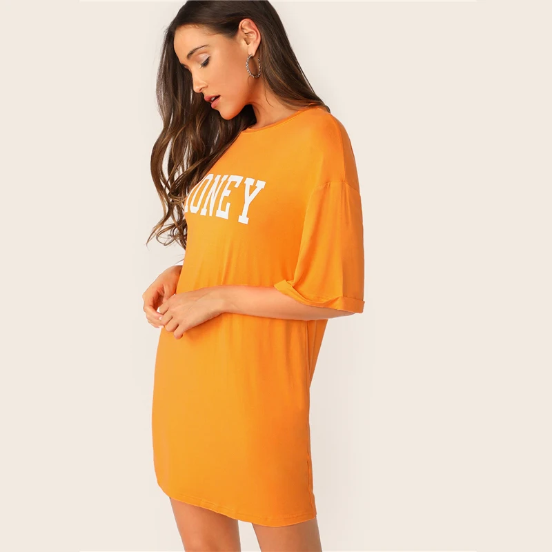 SweatyRocks неоновое оранжевое платье-футболка с буквенным принтом для женщин летняя уличная одежда с коротким рукавом платья повседневные платья