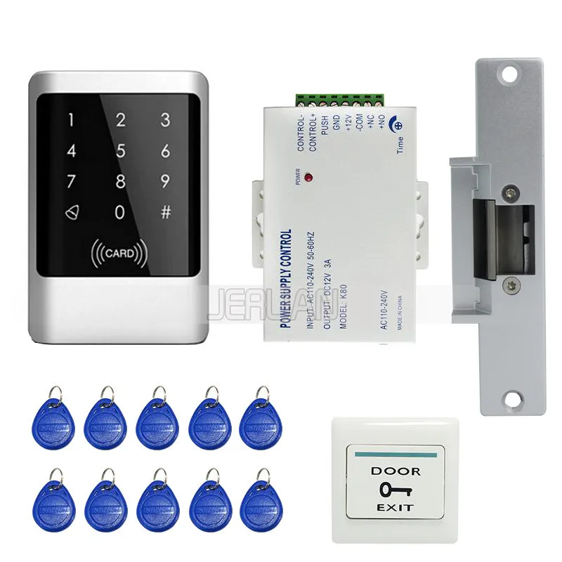 

JEX Brand New DIY Waterproof Rfid Door Access Control Kit Set With Electric Strike Lock + 10 RFID keyfob Card In Stock